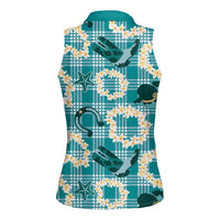 Aloha Hawaii Paniolo Teal Palaka Women Sleeveless Polo Shirt Coastal Rodeo - Polynesian Pride