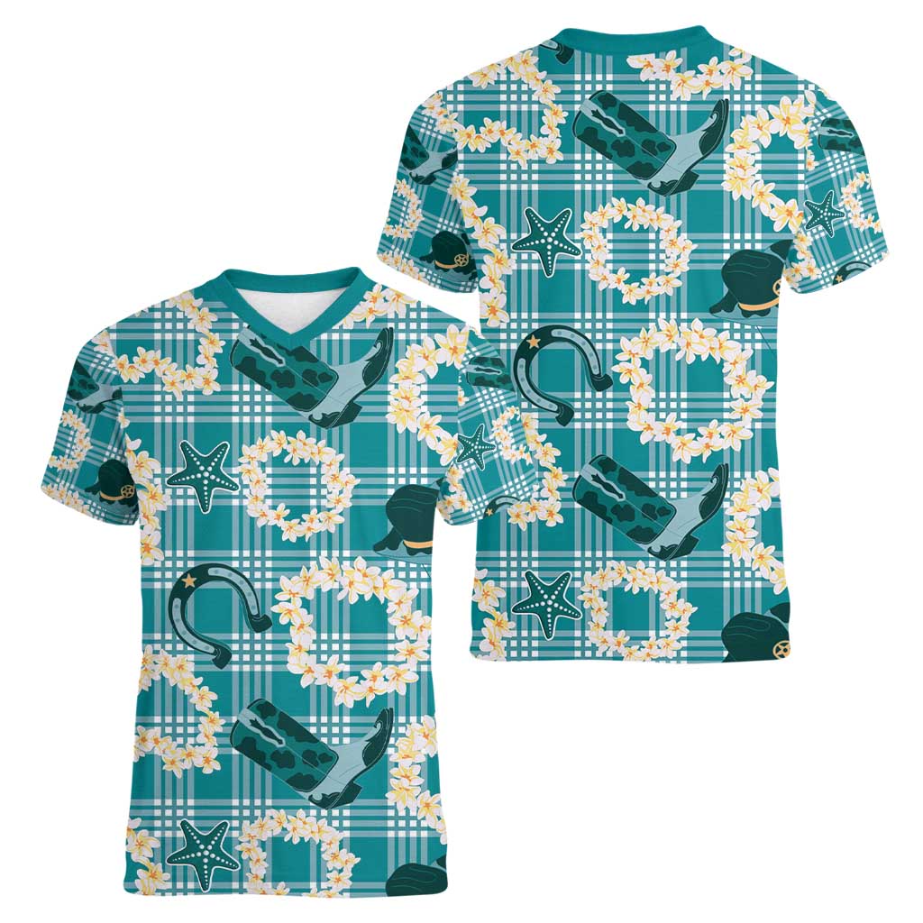 Aloha Hawaii Paniolo Teal Palaka Women V-Neck T-Shirt Coastal Rodeo - Polynesian Pride