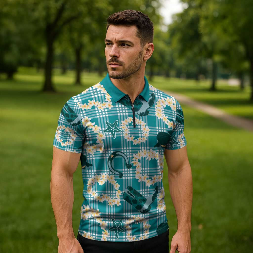 Aloha Hawaii Paniolo Teal Palaka Zipper Polo Shirt Coastal Rodeo - Polynesian Pride