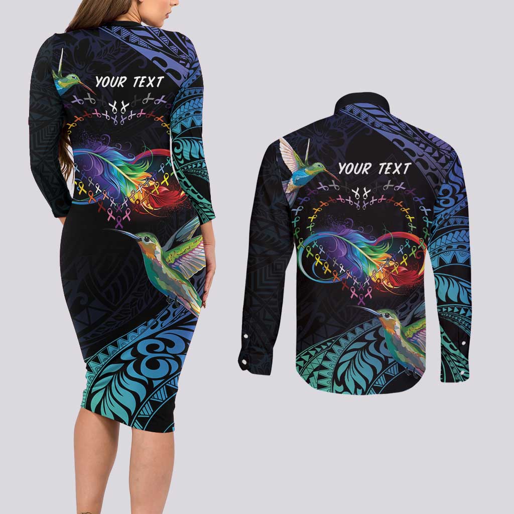 Polynesian Cancers Awareness Couples Matching Long Sleeve Bodycon Dress and Long Sleeve Button Shirt Hummingbird - Fly High Until We Meet Again
