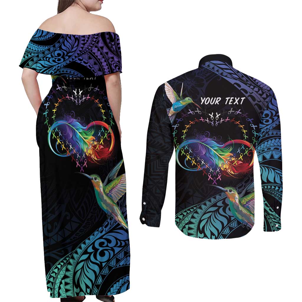 Polynesian Cancers Awareness Couples Matching Off Shoulder Maxi Dress and Long Sleeve Button Shirt Hummingbird - Fly High Until We Meet Again