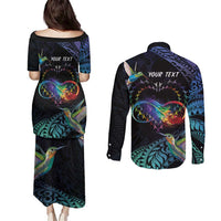 Polynesian Cancers Awareness Couples Matching Puletasi and Long Sleeve Button Shirt Hummingbird - Fly High Until We Meet Again