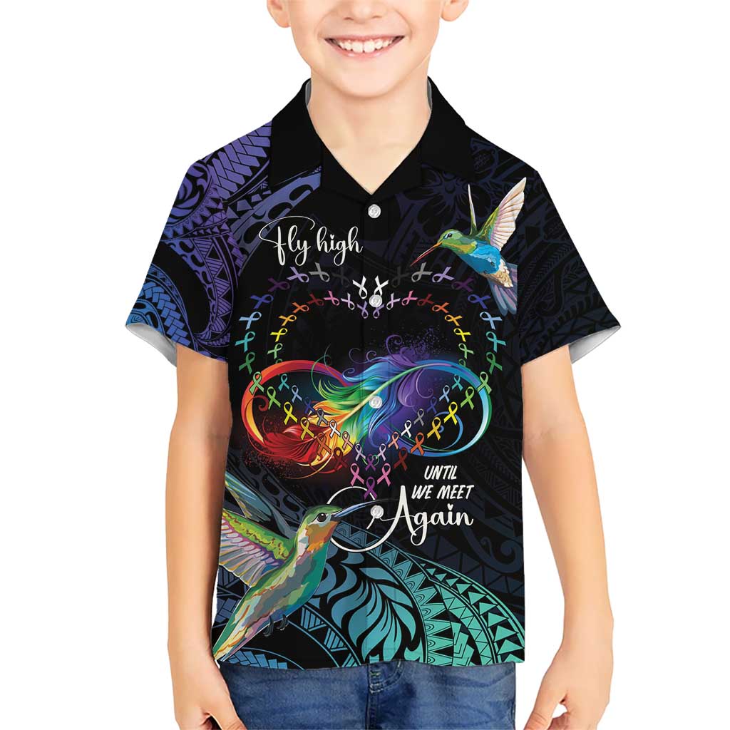Polynesian Cancers Awareness Kid Hawaiian Shirt Hummingbird - Fly High Until We Meet Again