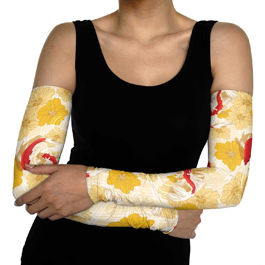 Beige Palaka Hawaii Aloha Arm Sleeves Koi Pond Mix Ilima Flowers - Polynesian Pride