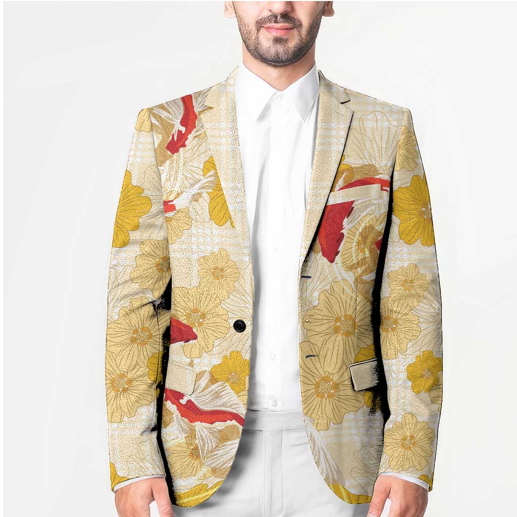 Beige Palaka Hawaii Aloha Blazer Koi Pond Mix Ilima Flowers - Polynesian Pride