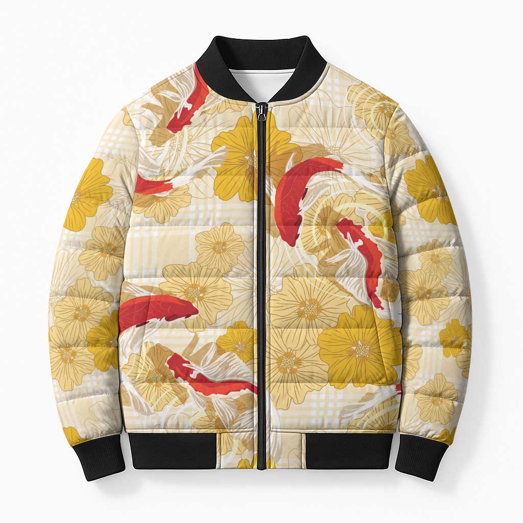 Beige Palaka Hawaii Aloha Bomber Puffer Jacket Koi Pond Mix Ilima Flowers - Polynesian Pride