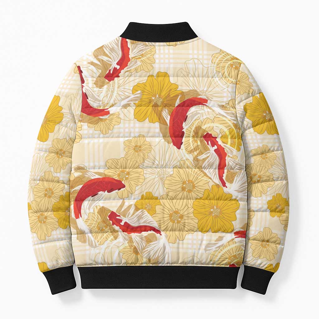 Beige Palaka Hawaii Aloha Bomber Puffer Jacket Koi Pond Mix Ilima Flowers - Polynesian Pride