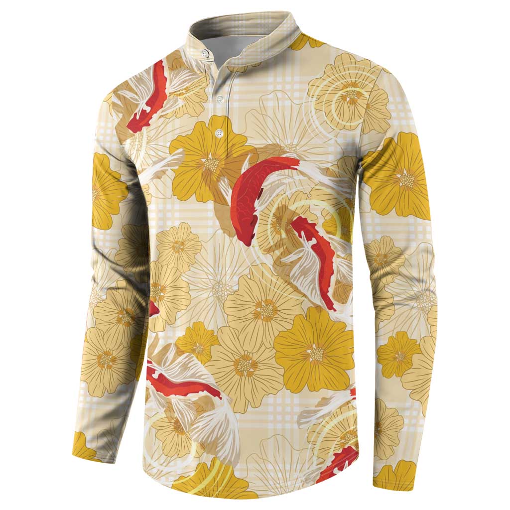 Beige Palaka Hawaii Aloha Button Sweatshirt Koi Pond Mix Ilima Flowers - Polynesian Pride