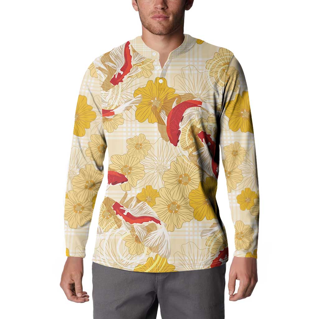 Beige Palaka Hawaii Aloha Button Sweatshirt Koi Pond Mix Ilima Flowers - Polynesian Pride