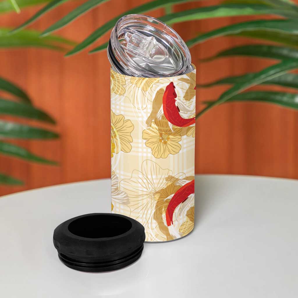 Beige Palaka Hawaii Aloha 4 in 1 Can Cooler Tumbler Koi Pond Mix Ilima Flowers - Polynesian Pride