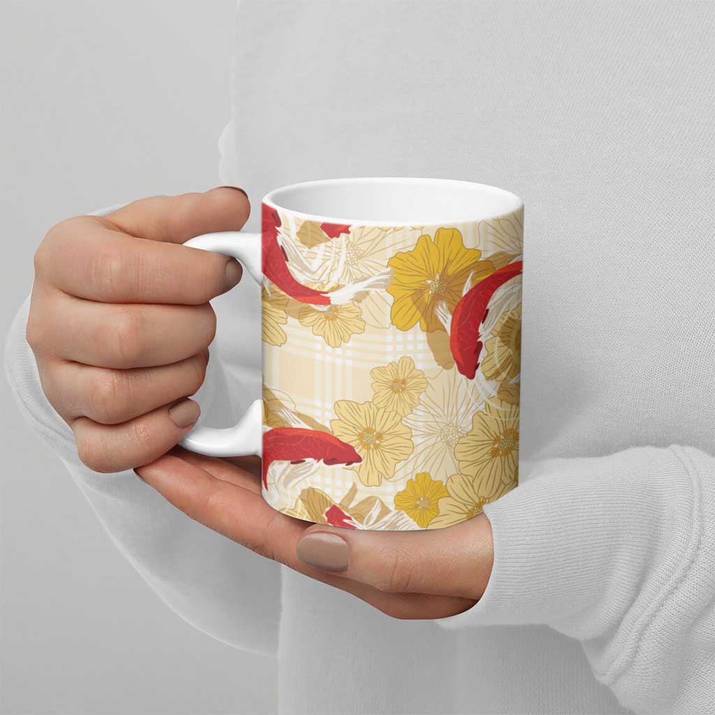 Beige Palaka Hawaii Aloha Ceramic Mug Koi Pond Mix Ilima Flowers - Polynesian Pride