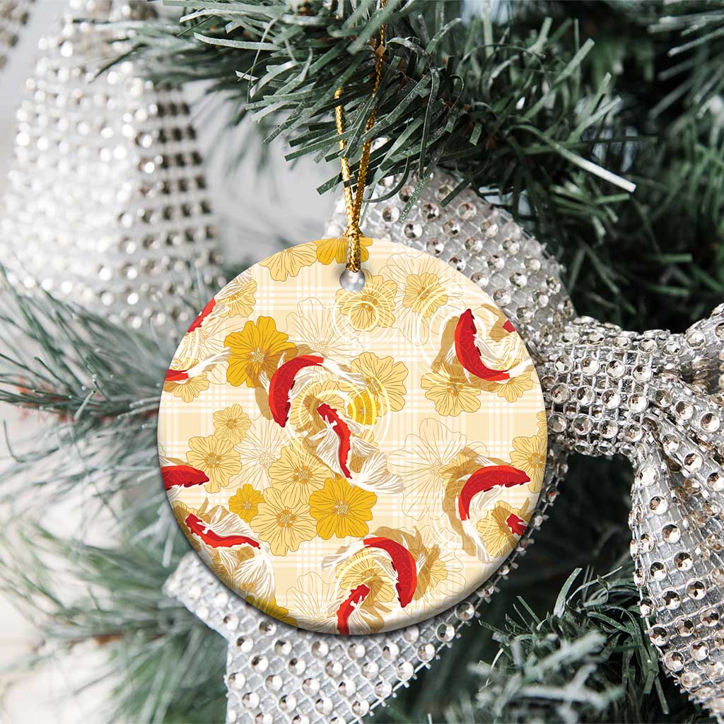 Beige Palaka Hawaii Aloha Ceramic Ornament Koi Pond Mix Ilima Flowers - Polynesian Pride