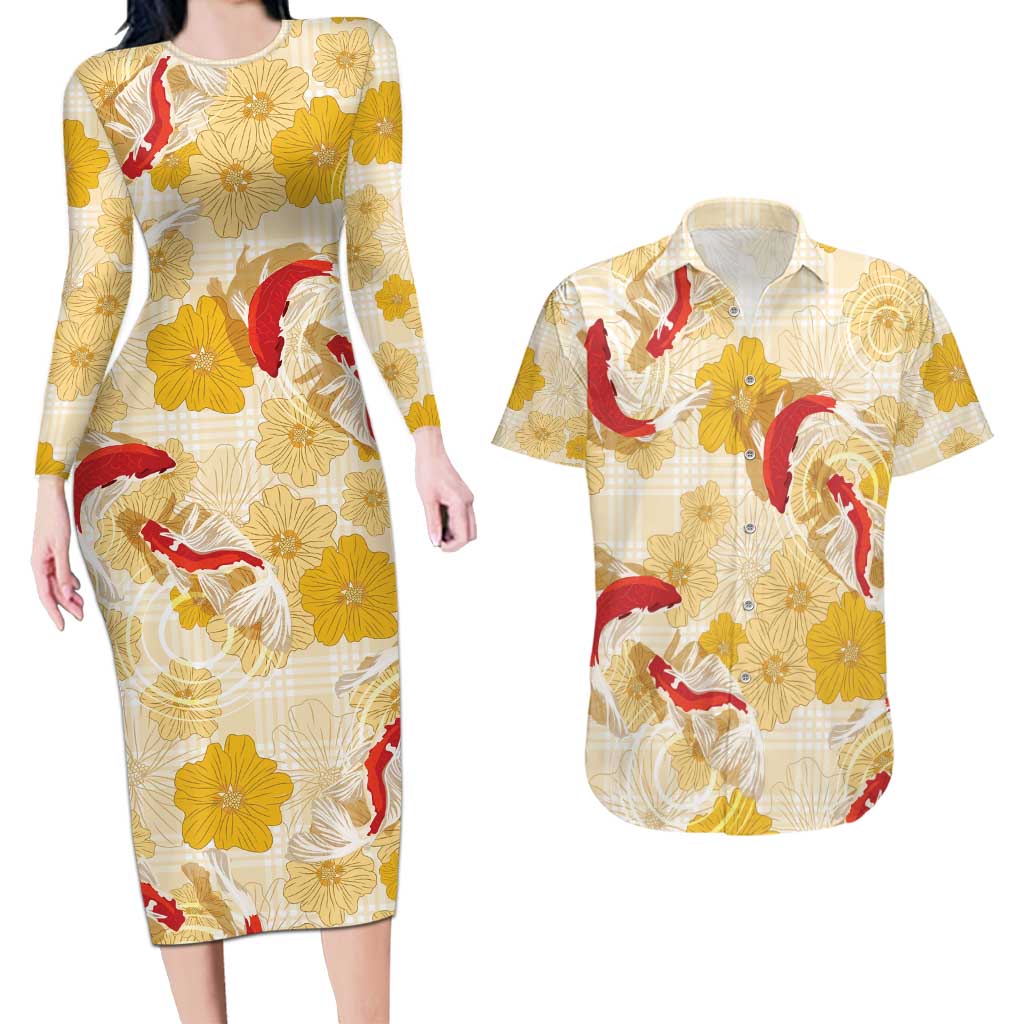 Beige Palaka Hawaii Aloha Couples Matching Long Sleeve Bodycon Dress and Hawaiian Shirt Koi Pond Mix Ilima Flowers - Polynesian Pride