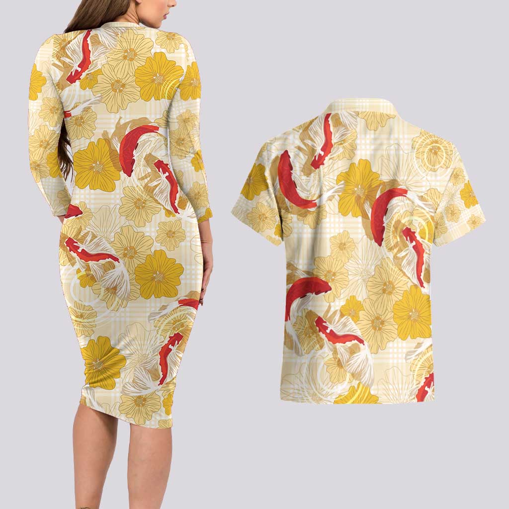Beige Palaka Hawaii Aloha Couples Matching Long Sleeve Bodycon Dress and Hawaiian Shirt Koi Pond Mix Ilima Flowers - Polynesian Pride