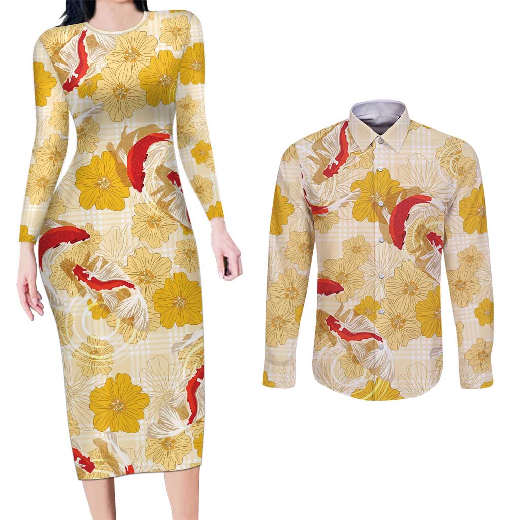 Beige Palaka Hawaii Aloha Couples Matching Long Sleeve Bodycon Dress and Long Sleeve Button Shirt Koi Pond Mix Ilima Flowers - Polynesian Pride