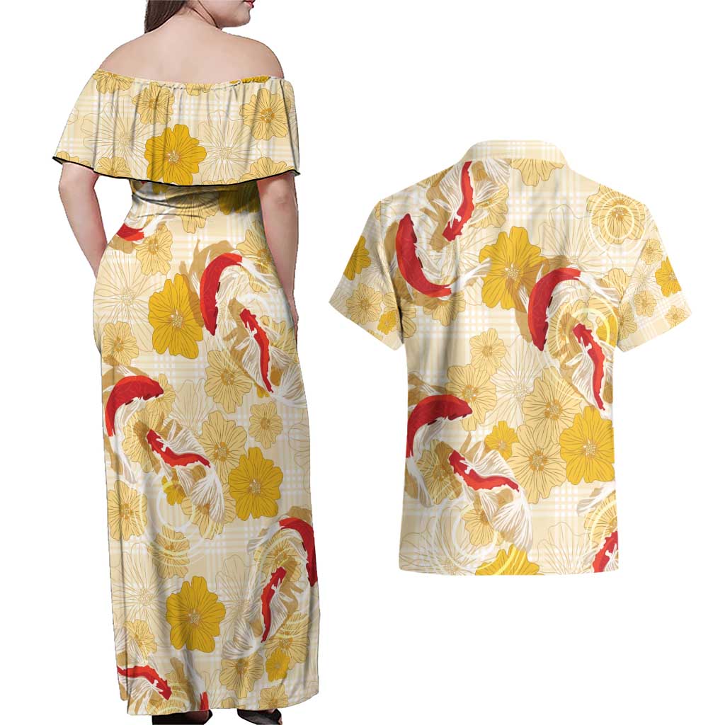 Beige Palaka Hawaii Aloha Couples Matching Off Shoulder Maxi Dress and Hawaiian Shirt Koi Pond Mix Ilima Flowers - Polynesian Pride