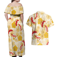Beige Palaka Hawaii Aloha Couples Matching Off Shoulder Maxi Dress and Hawaiian Shirt Koi Pond Mix Ilima Flowers - Polynesian Pride