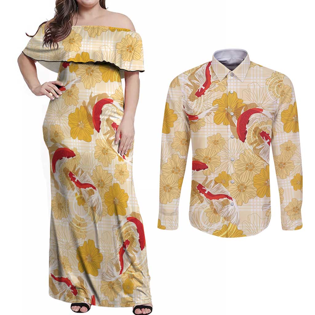 Beige Palaka Hawaii Aloha Couples Matching Off Shoulder Maxi Dress and Long Sleeve Button Shirt Koi Pond Mix Ilima Flowers - Polynesian Pride