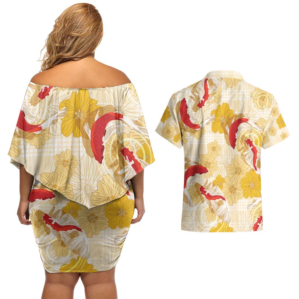 Beige Palaka Hawaii Aloha Couples Matching Off Shoulder Short Dress and Hawaiian Shirt Koi Pond Mix Ilima Flowers - Polynesian Pride