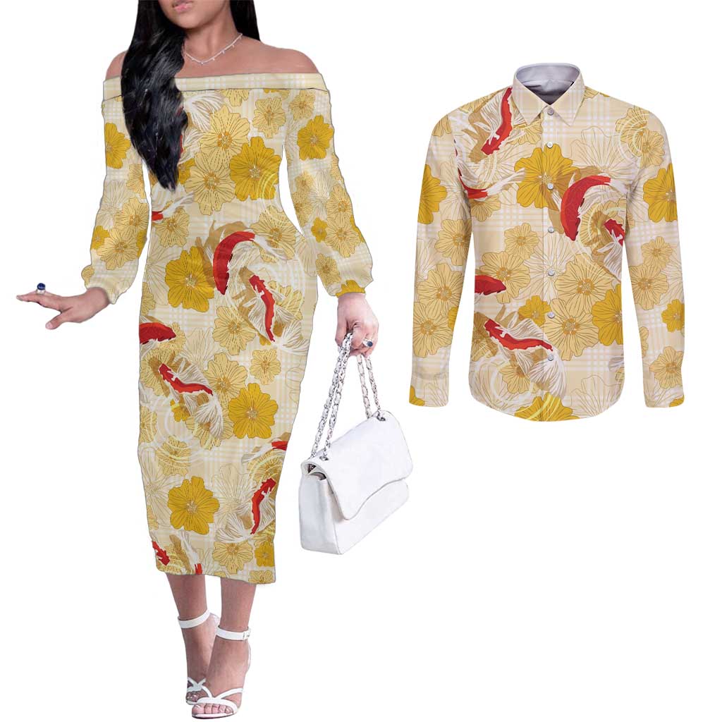 Beige Palaka Hawaii Aloha Couples Matching Off The Shoulder Long Sleeve Dress and Long Sleeve Button Shirt Koi Pond Mix Ilima Flowers - Polynesian Pride