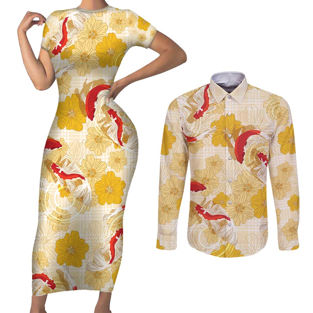 Beige Palaka Hawaii Aloha Couples Matching Short Sleeve Bodycon Dress and Long Sleeve Button Shirt Koi Pond Mix Ilima Flowers - Polynesian Pride