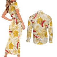 Beige Palaka Hawaii Aloha Couples Matching Short Sleeve Bodycon Dress and Long Sleeve Button Shirt Koi Pond Mix Ilima Flowers - Polynesian Pride