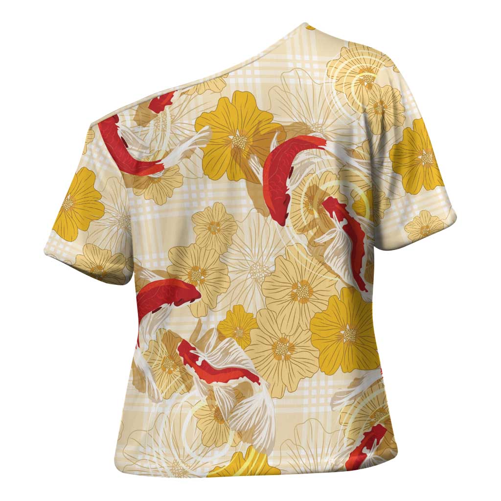Beige Palaka Hawaii Aloha Cross Shoulder Shirt Koi Pond Mix Ilima Flowers - Polynesian Pride