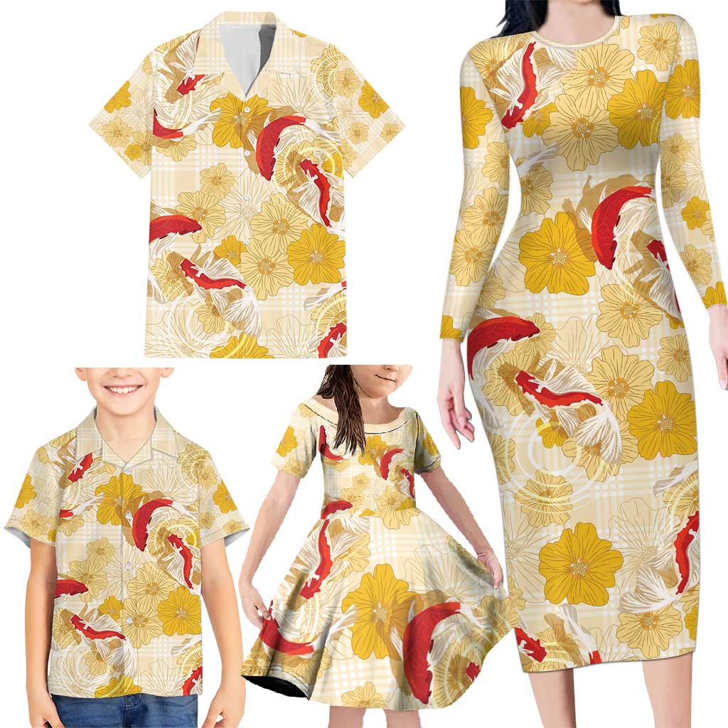 Beige Palaka Hawaii Aloha Family Matching Long Sleeve Bodycon Dress and Hawaiian Shirt Koi Pond Mix Ilima Flowers - Polynesian Pride