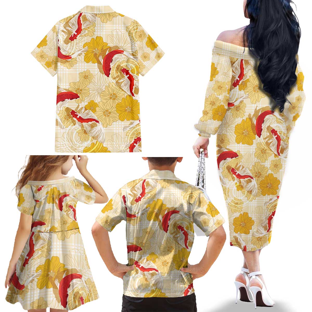 Beige Palaka Hawaii Aloha Family Matching Off The Shoulder Long Sleeve Dress and Hawaiian Shirt Koi Pond Mix Ilima Flowers - Polynesian Pride