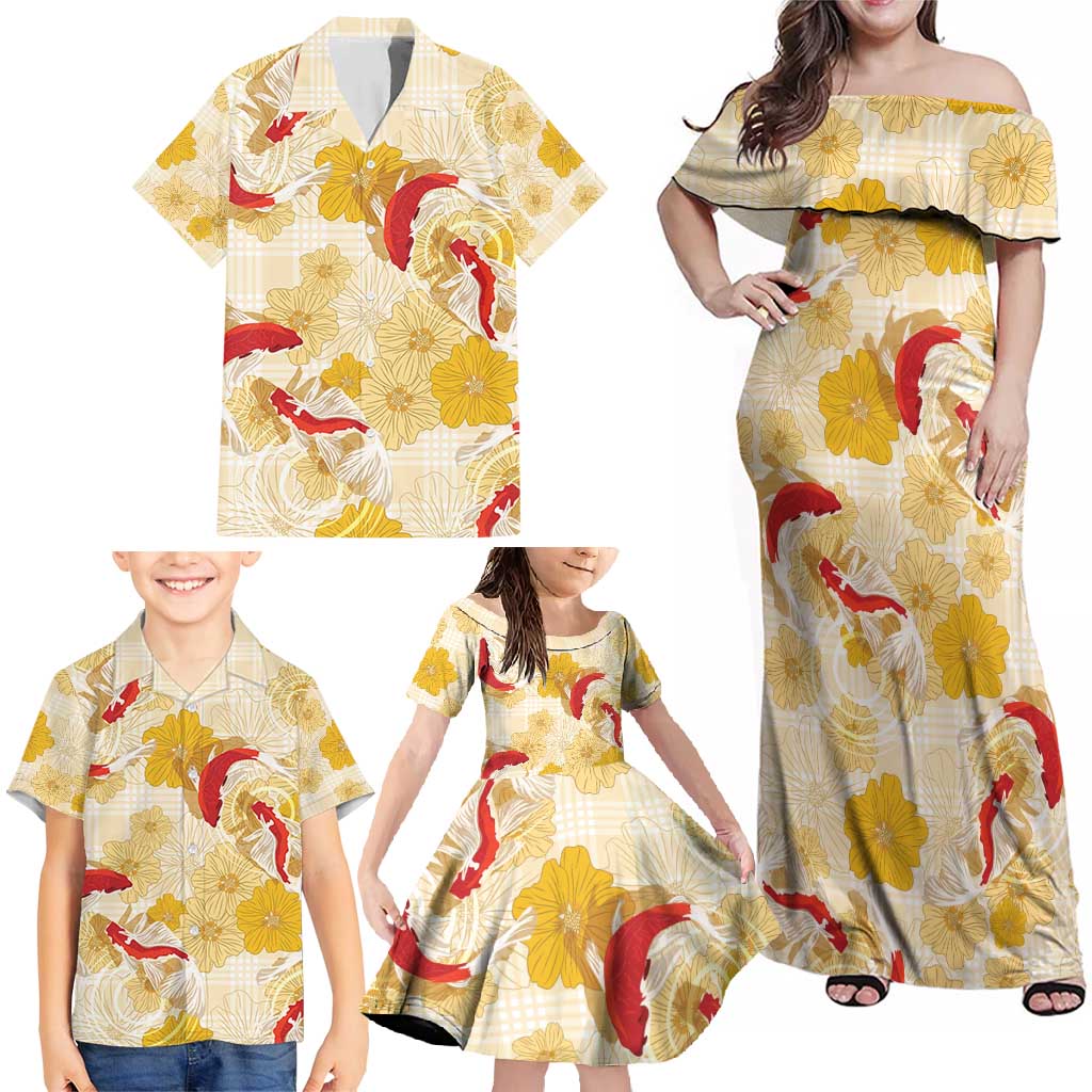 Beige Palaka Hawaii Aloha Family Matching Off Shoulder Maxi Dress and Hawaiian Shirt Koi Pond Mix Ilima Flowers - Polynesian Pride