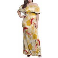 Beige Palaka Hawaii Aloha Family Matching Off Shoulder Maxi Dress and Hawaiian Shirt Koi Pond Mix Ilima Flowers - Polynesian Pride