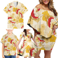 Beige Palaka Hawaii Aloha Family Matching Off Shoulder Short Dress and Hawaiian Shirt Koi Pond Mix Ilima Flowers - Polynesian Pride