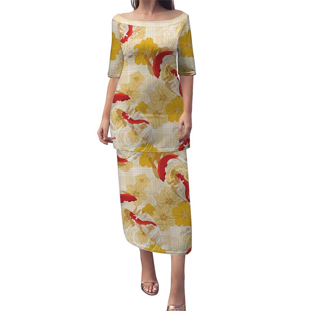 Beige Palaka Hawaii Aloha Family Matching Puletasi and Hawaiian Shirt Koi Pond Mix Ilima Flowers - Polynesian Pride