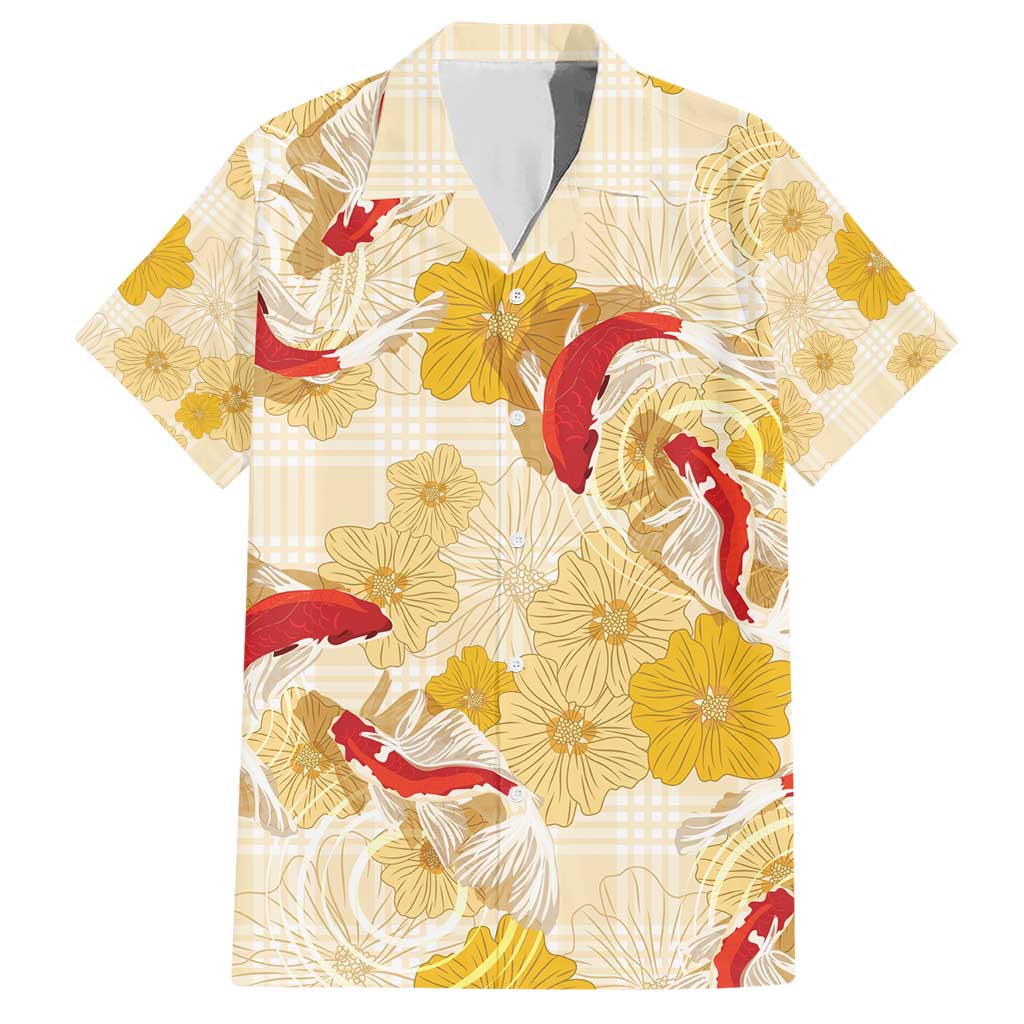 Beige Palaka Hawaii Aloha Family Matching Short Sleeve Bodycon Dress and Hawaiian Shirt Koi Pond Mix Ilima Flowers - Polynesian Pride