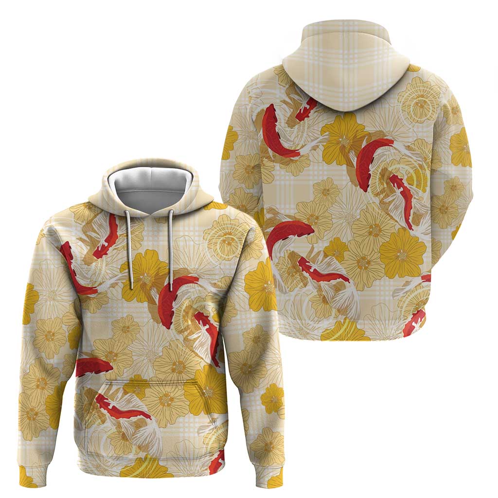 Beige Palaka Hawaii Aloha Hoodie Koi Pond Mix Ilima Flowers - Polynesian Pride