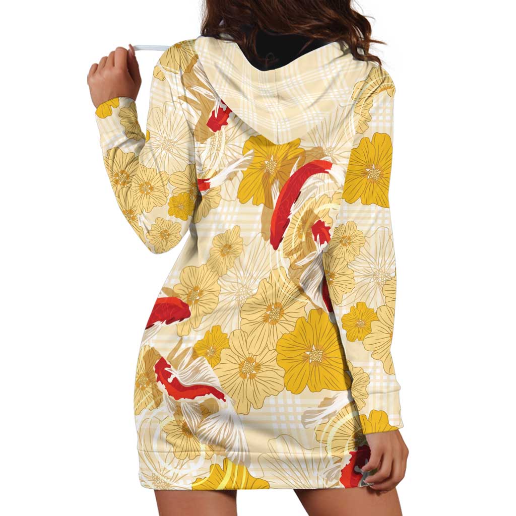 Beige Palaka Hawaii Aloha Hoodie Dress Koi Pond Mix Ilima Flowers - Polynesian Pride