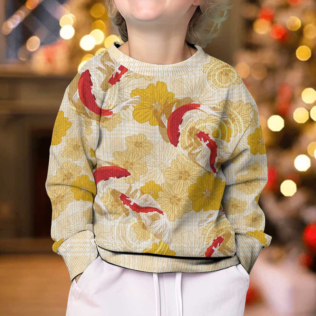 Beige Palaka Hawaii Aloha Kid Ugly Christmas Sweater Koi Pond Mix Ilima Flowers - Polynesian Pride