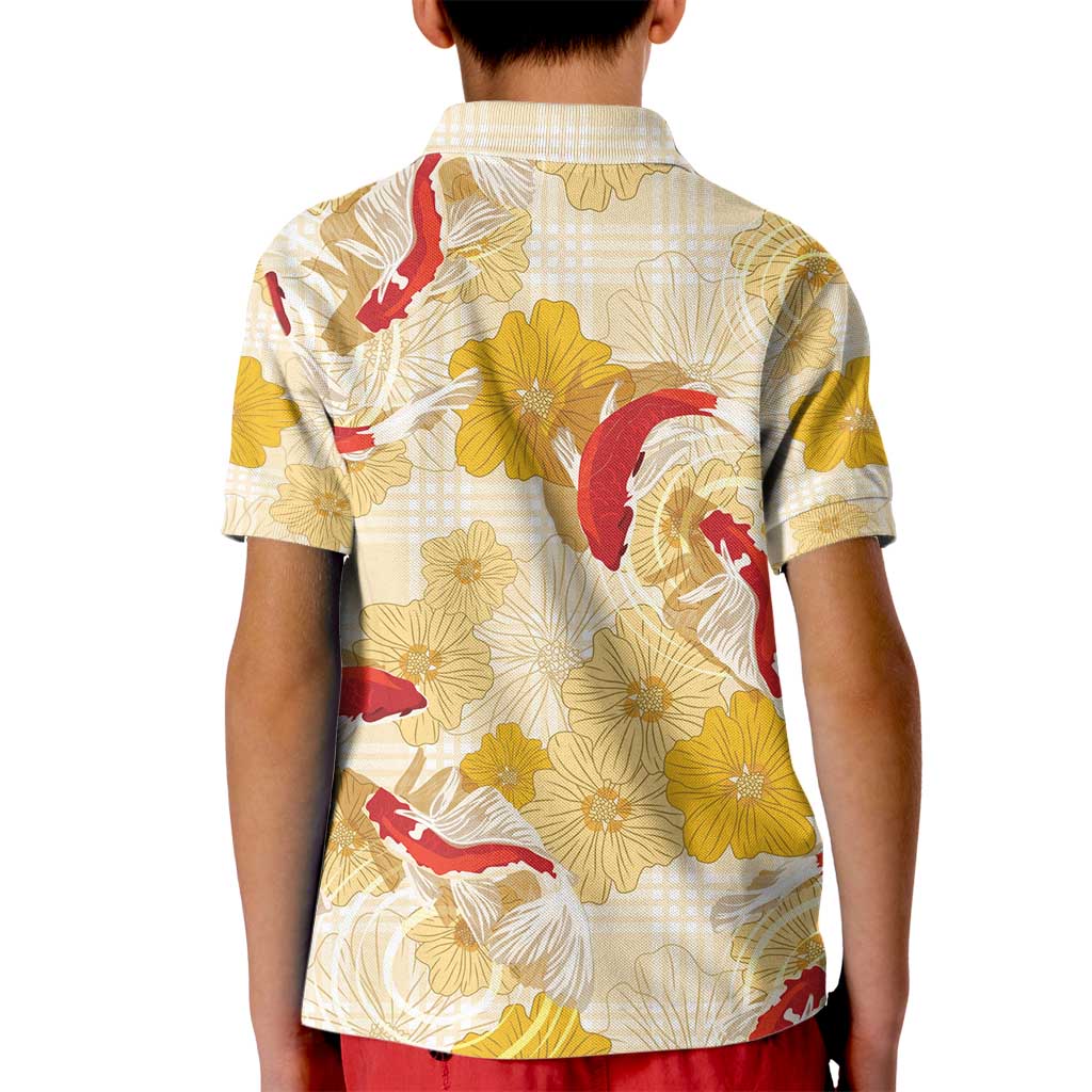 Beige Palaka Hawaii Aloha Kid Polo Shirt Koi Pond Mix Ilima Flowers - Polynesian Pride