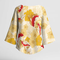 Beige Palaka Hawaii Aloha Kimono Sleeve Blouse Koi Pond Mix Ilima Flowers - Polynesian Pride