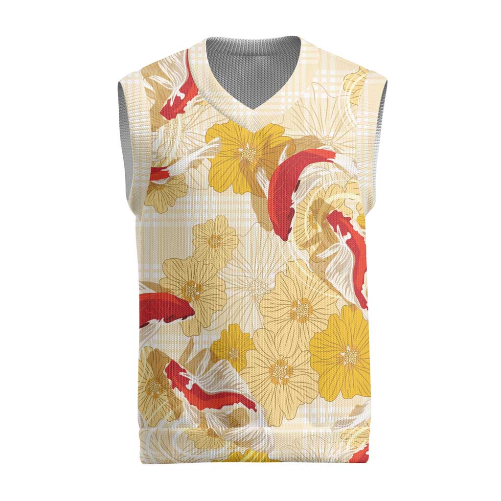 Beige Palaka Hawaii Aloha Christmas Knitted V-Neck Vest Koi Pond Mix Ilima Flowers - Polynesian Pride