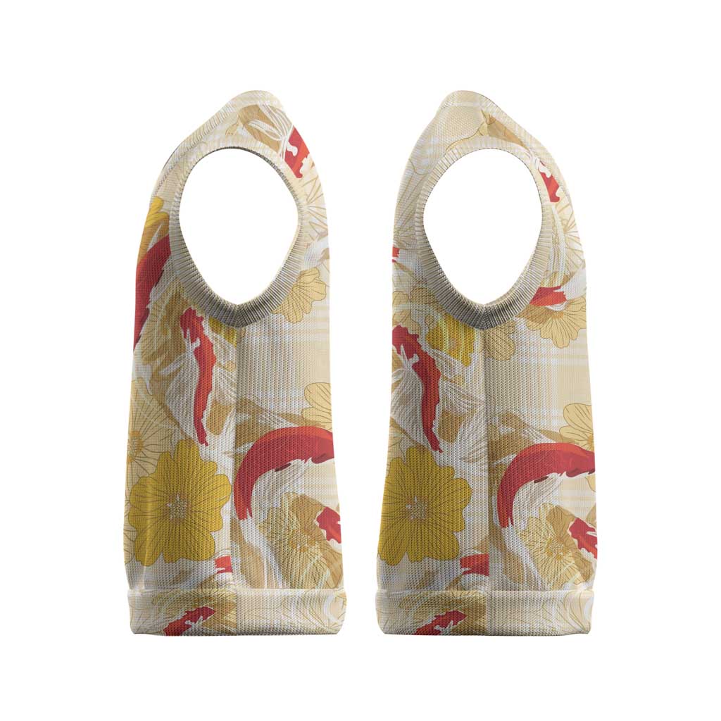 Beige Palaka Hawaii Aloha Christmas Knitted V-Neck Vest Koi Pond Mix Ilima Flowers - Polynesian Pride