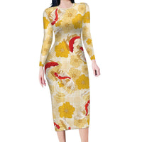 Beige Palaka Hawaii Aloha Long Sleeve Bodycon Dress Koi Pond Mix Ilima Flowers - Polynesian Pride