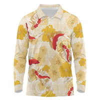 Beige Palaka Hawaii Aloha Long Sleeve Polo Shirt Koi Pond Mix Ilima Flowers - Polynesian Pride