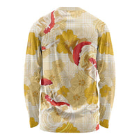 Beige Palaka Hawaii Aloha Long Sleeve Shirt Koi Pond Mix Ilima Flowers - Polynesian Pride