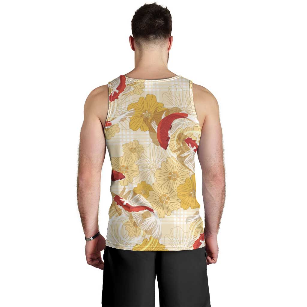 Beige Palaka Hawaii Aloha Men Tank Top Koi Pond Mix Ilima Flowers - Polynesian Pride
