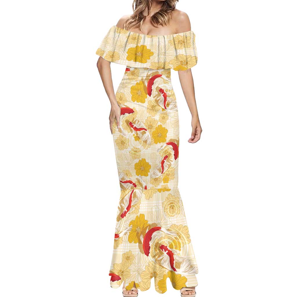 Beige Palaka Hawaii Aloha Mermaid Dress Koi Pond Mix Ilima Flowers - Polynesian Pride