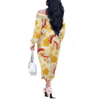 Beige Palaka Hawaii Aloha Off The Shoulder Long Sleeve Dress Koi Pond Mix Ilima Flowers - Polynesian Pride