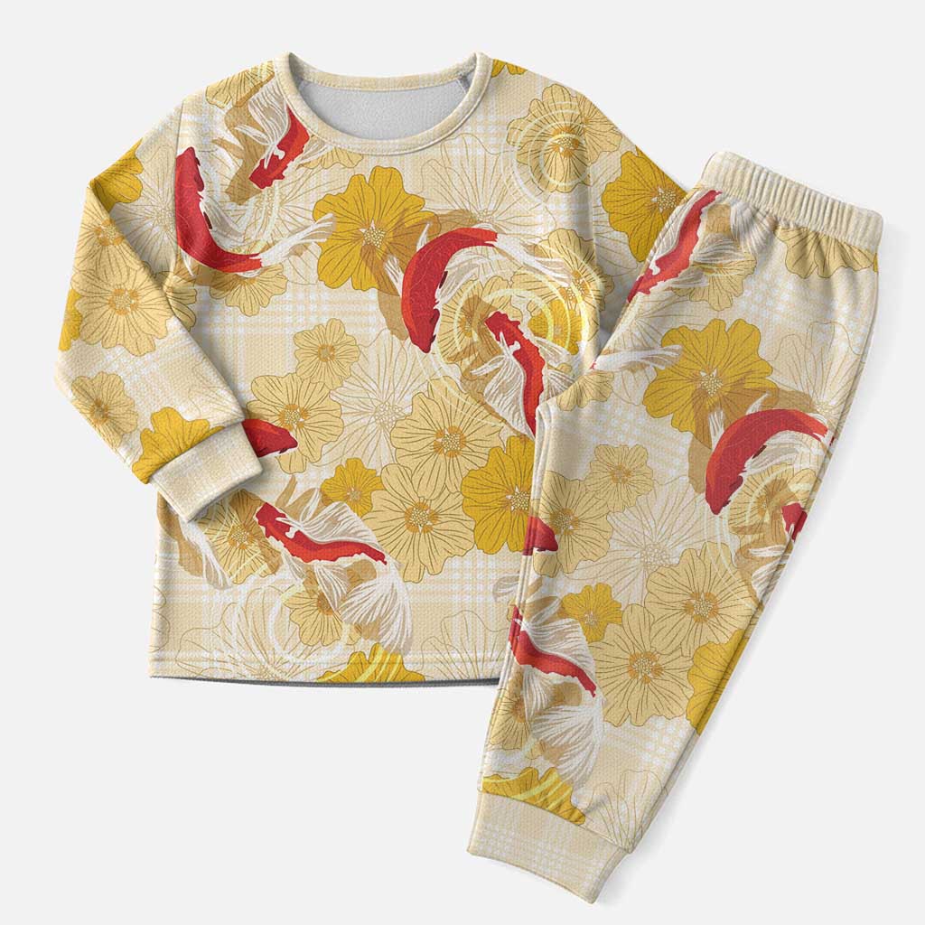 Beige Palaka Hawaii Aloha Christmas Pajama Set Koi Pond Mix Ilima Flowers - Polynesian Pride