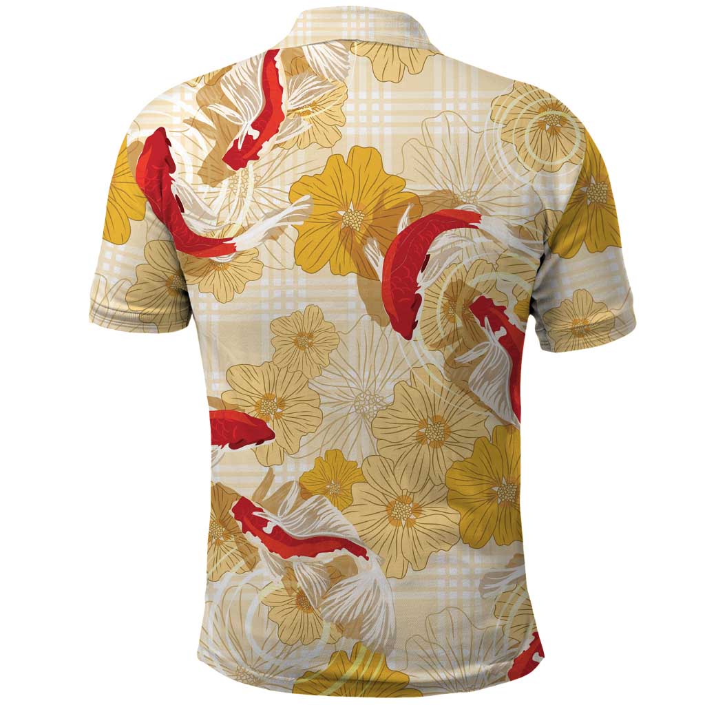 Beige Palaka Hawaii Aloha Polo Shirt Koi Pond Mix Ilima Flowers - Polynesian Pride