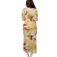 Beige Palaka Hawaii Aloha Puletasi Koi Pond Mix Ilima Flowers - Polynesian Pride